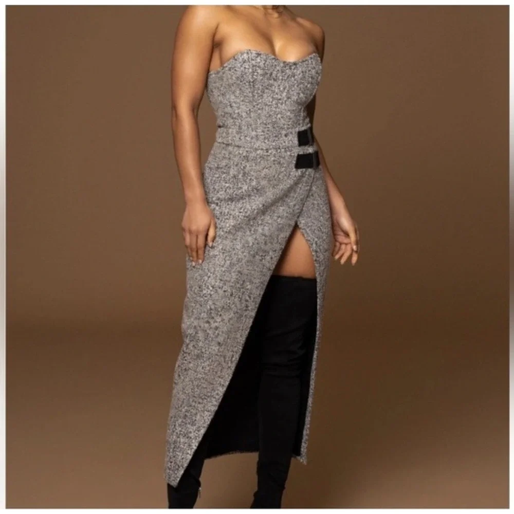 JLUXLABEL Womens Gisele Light Gray Tweed‎ Slit Skirt Sz S NWT